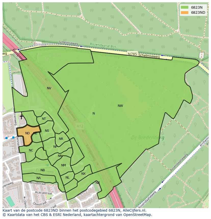 Afbeelding van het postcodegebied 6823 ND op de kaart.
