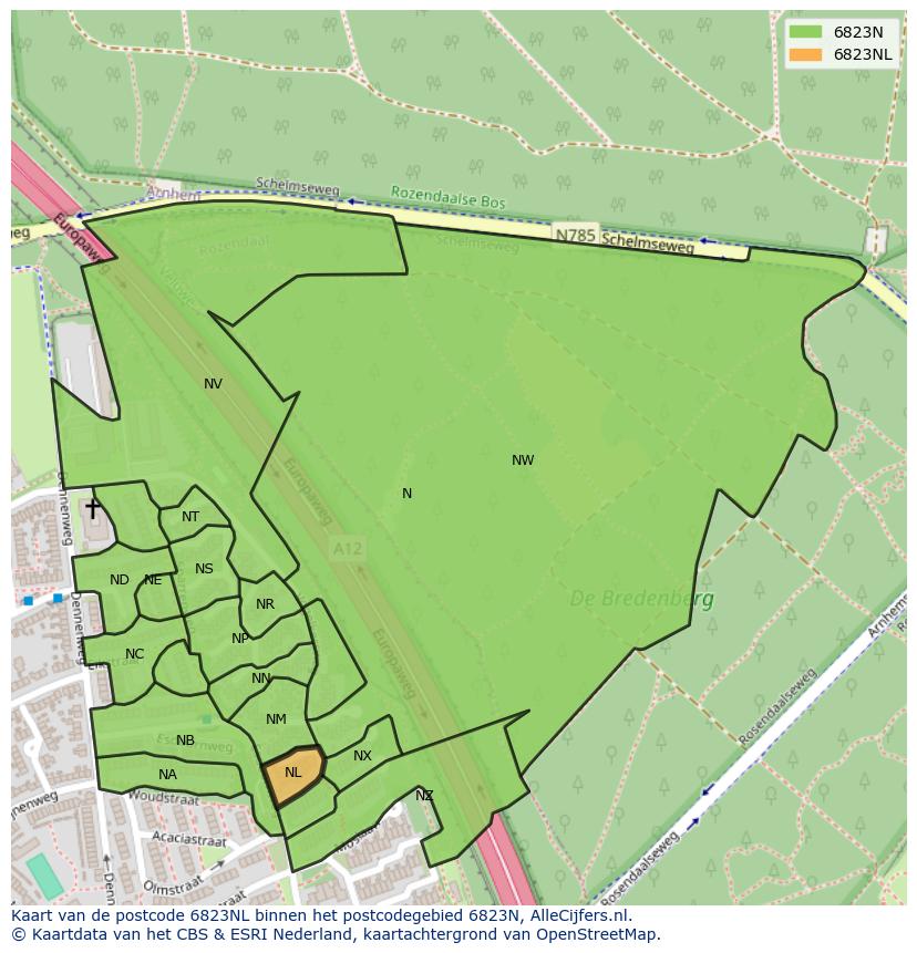 Afbeelding van het postcodegebied 6823 NL op de kaart.