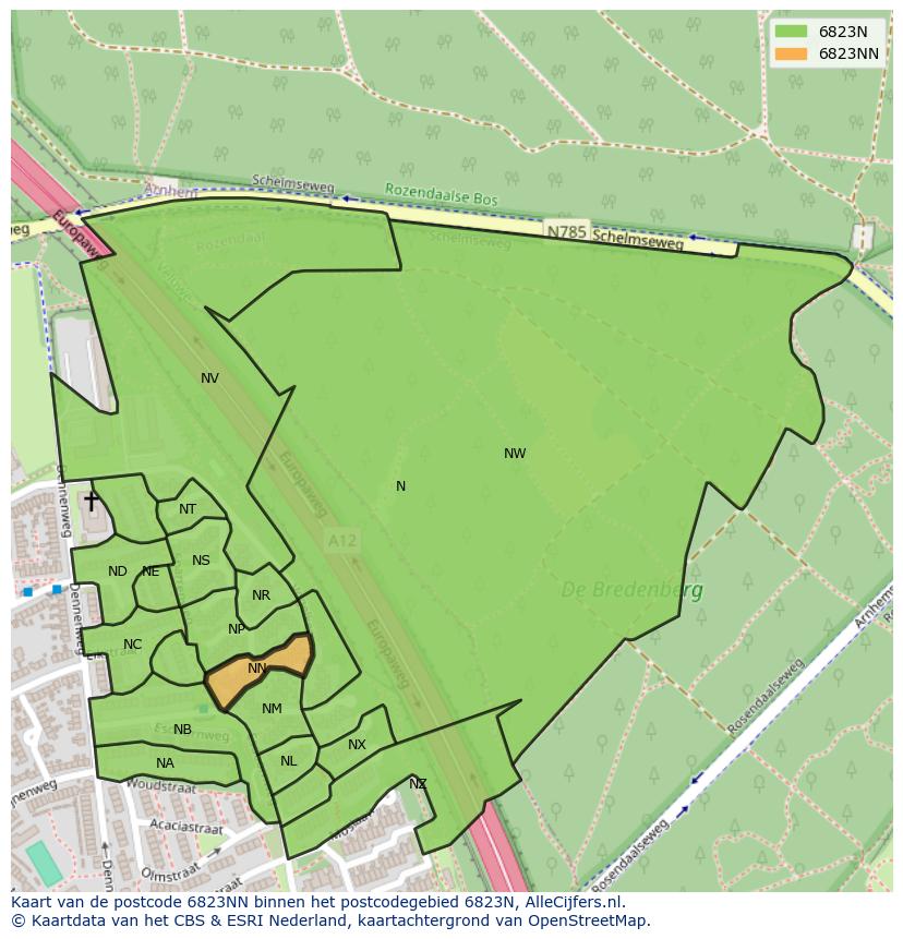 Afbeelding van het postcodegebied 6823 NN op de kaart.