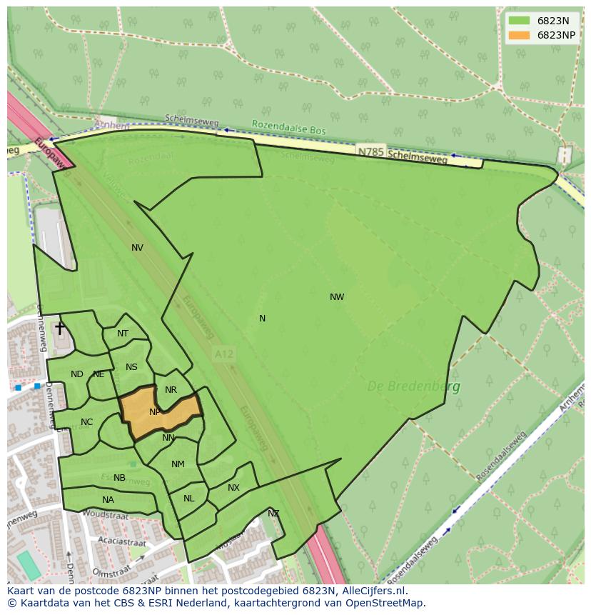 Afbeelding van het postcodegebied 6823 NP op de kaart.
