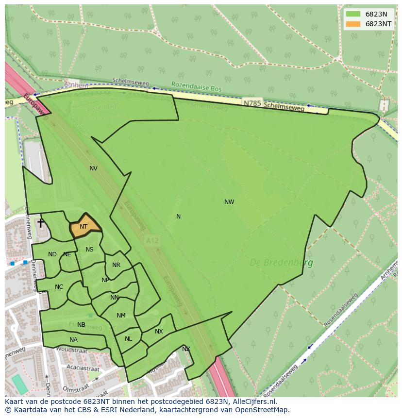 Afbeelding van het postcodegebied 6823 NT op de kaart.