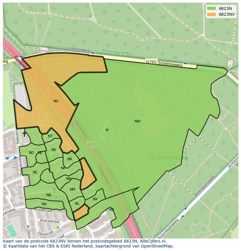 Afbeelding van het postcodegebied 6823 NV op de kaart.