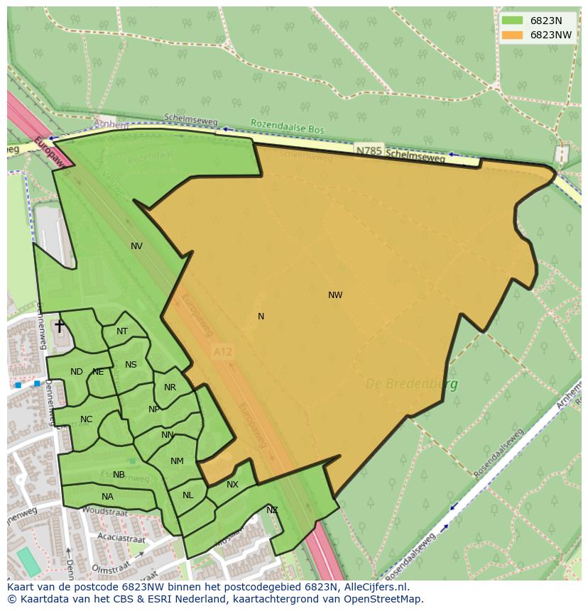 Afbeelding van het postcodegebied 6823 NW op de kaart.