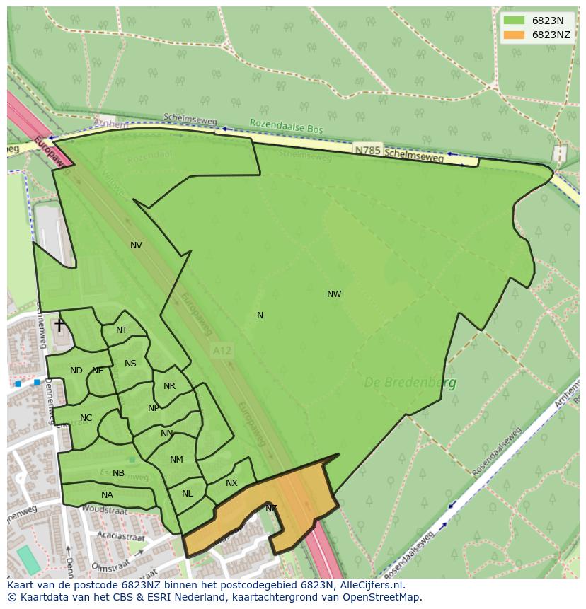 Afbeelding van het postcodegebied 6823 NZ op de kaart.