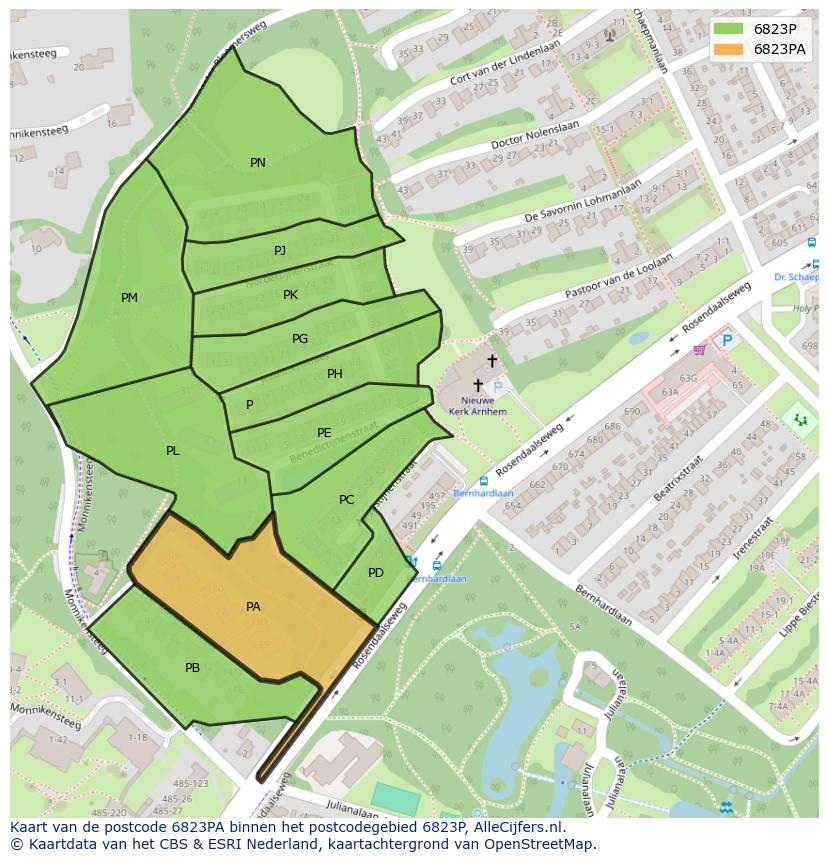 Afbeelding van het postcodegebied 6823 PA op de kaart.