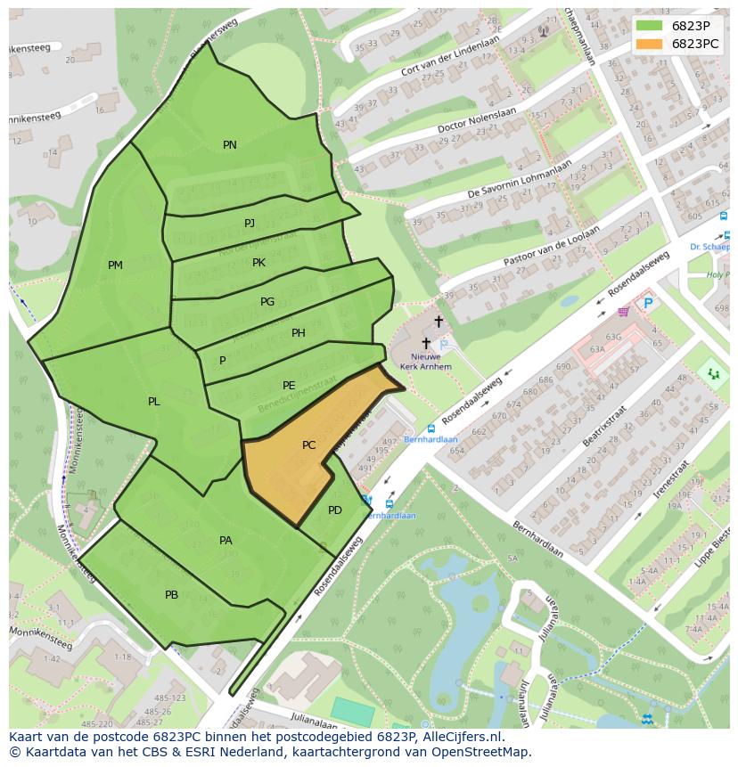 Afbeelding van het postcodegebied 6823 PC op de kaart.