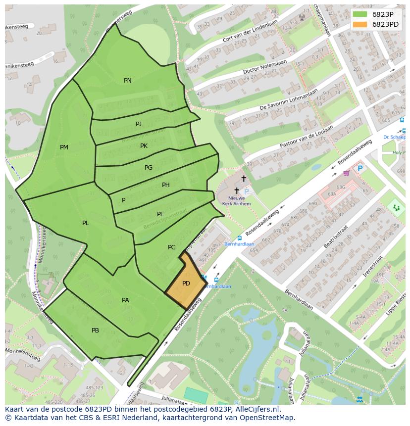Afbeelding van het postcodegebied 6823 PD op de kaart.