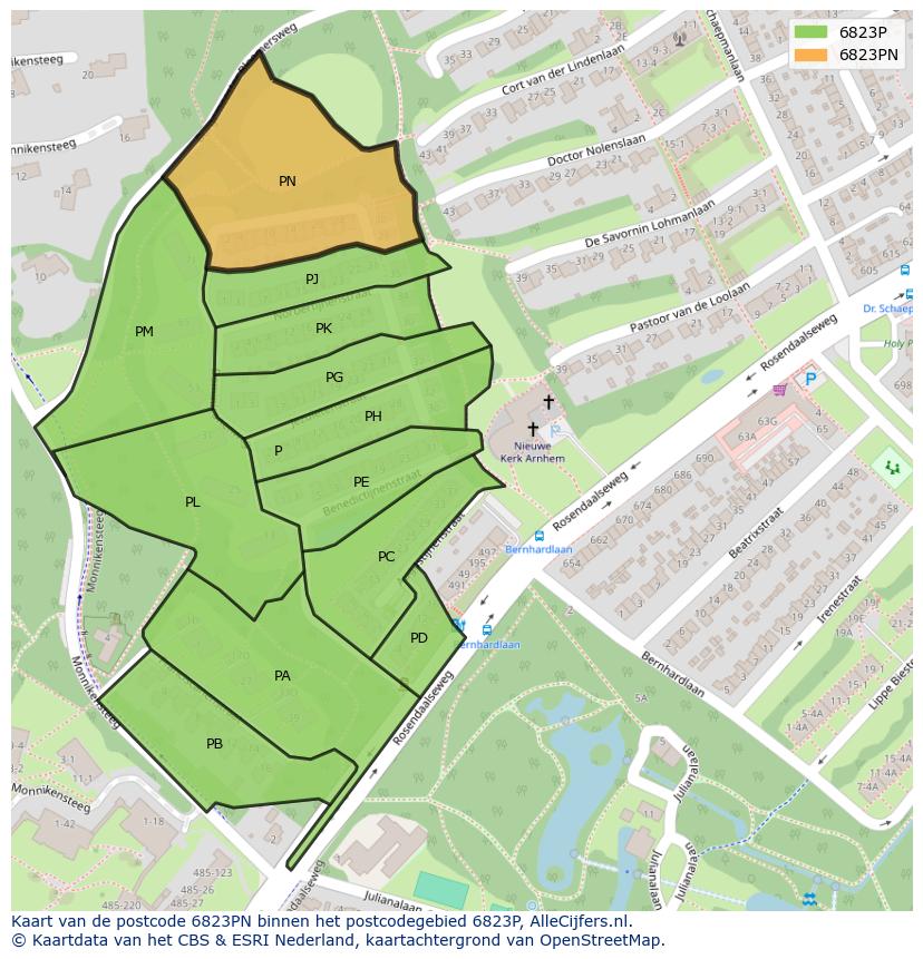 Afbeelding van het postcodegebied 6823 PN op de kaart.