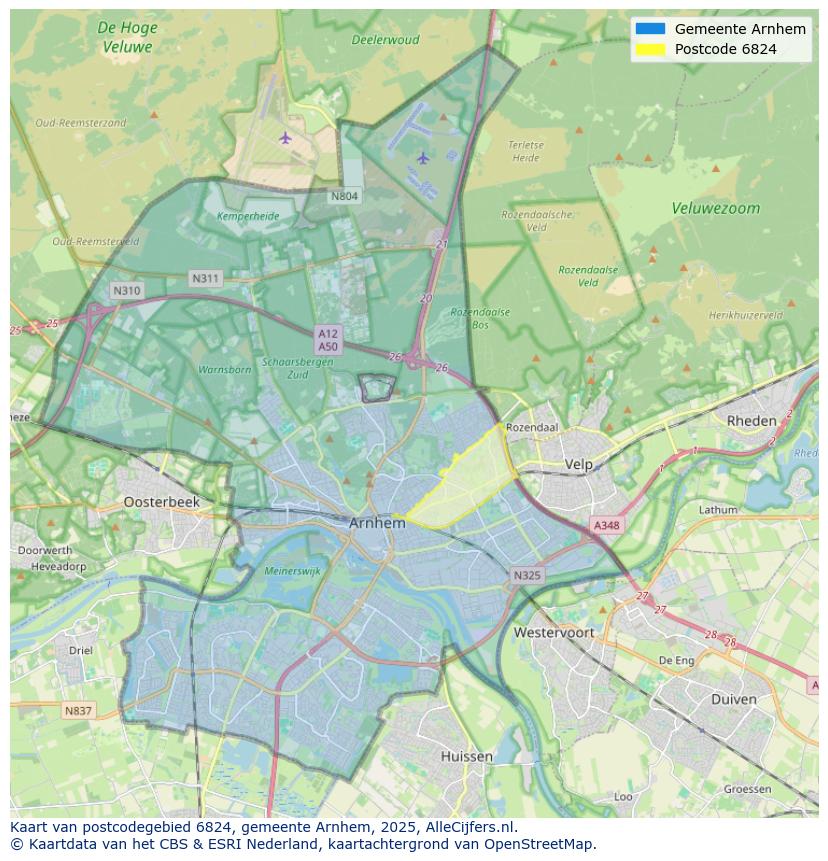 Afbeelding van het postcodegebied 6824 op de kaart.