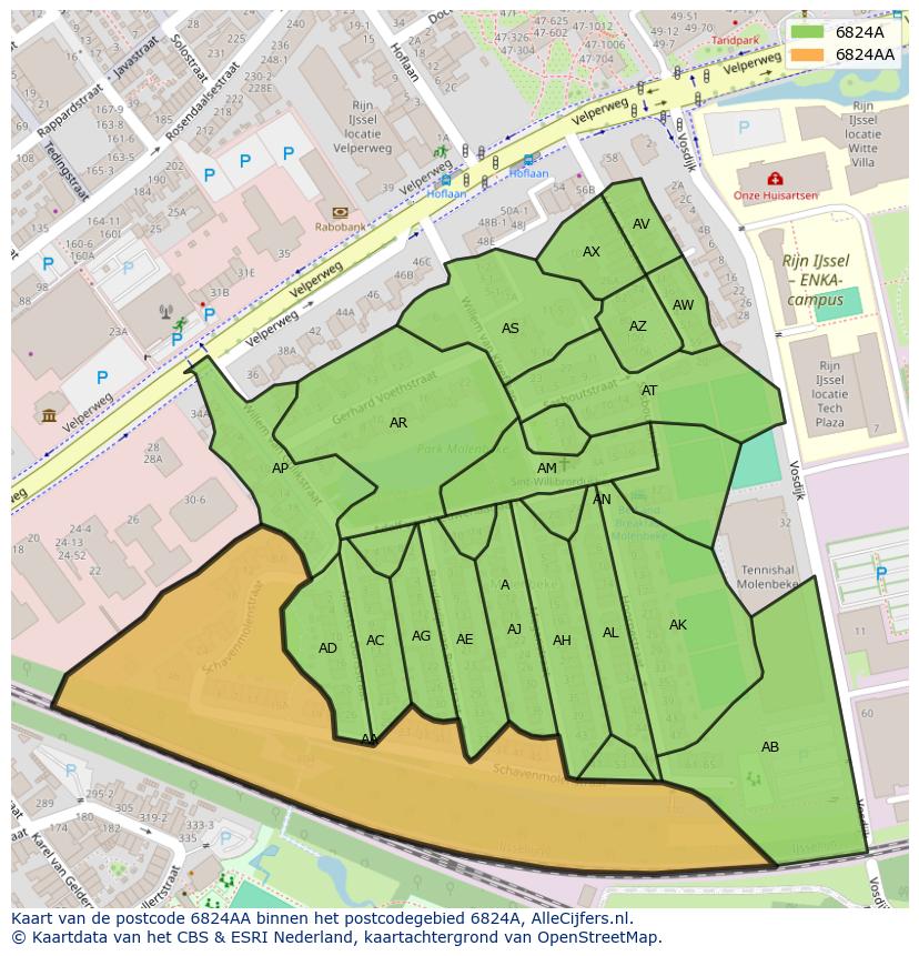Afbeelding van het postcodegebied 6824 AA op de kaart.