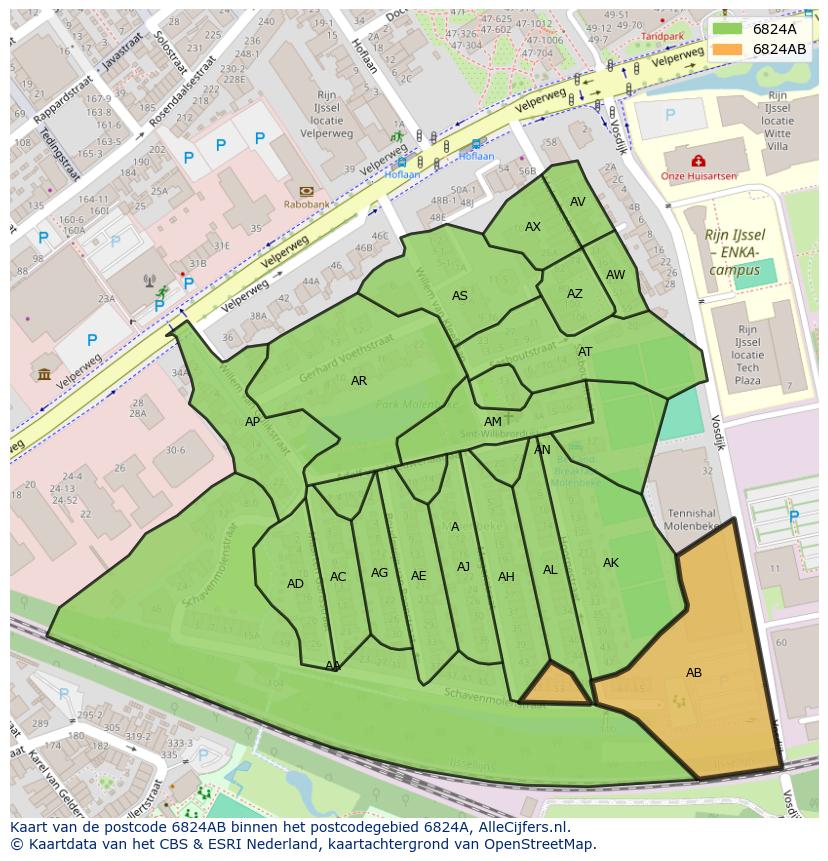 Afbeelding van het postcodegebied 6824 AB op de kaart.