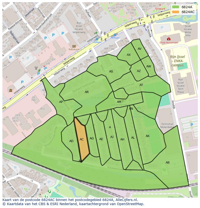Afbeelding van het postcodegebied 6824 AC op de kaart.