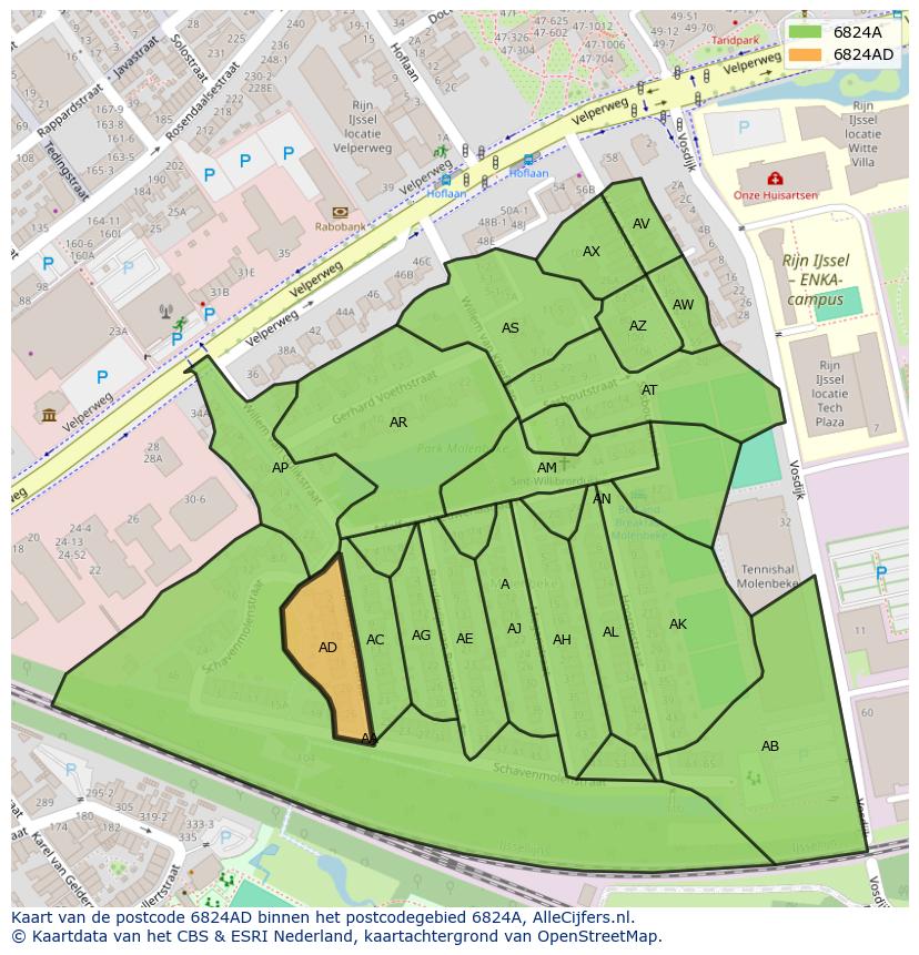 Afbeelding van het postcodegebied 6824 AD op de kaart.