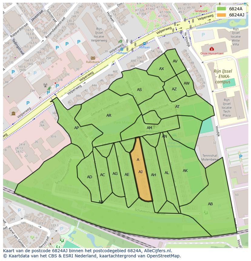 Afbeelding van het postcodegebied 6824 AJ op de kaart.