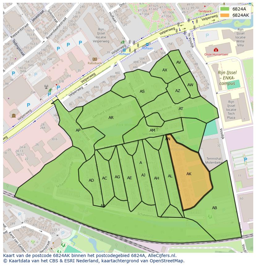 Afbeelding van het postcodegebied 6824 AK op de kaart.