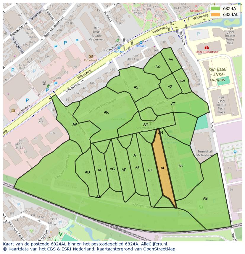 Afbeelding van het postcodegebied 6824 AL op de kaart.