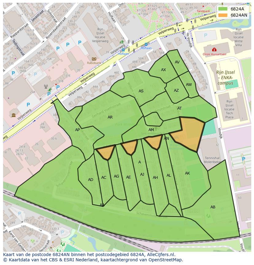 Afbeelding van het postcodegebied 6824 AN op de kaart.