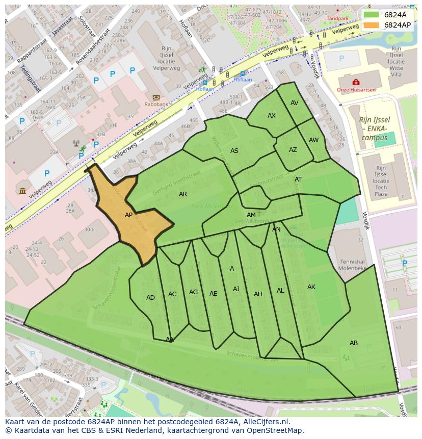 Afbeelding van het postcodegebied 6824 AP op de kaart.