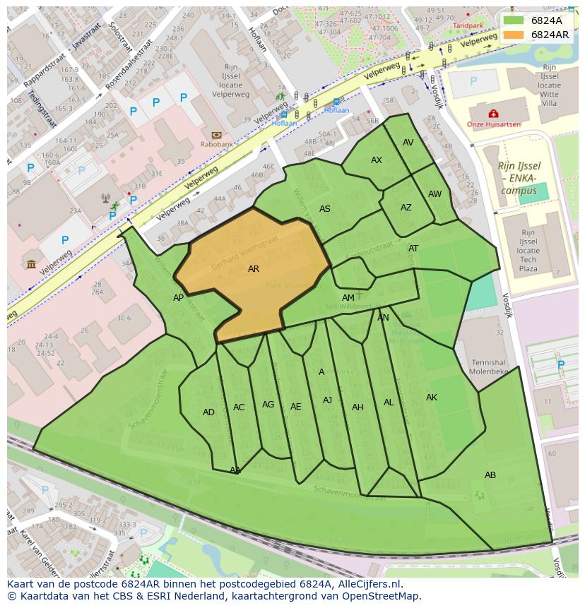 Afbeelding van het postcodegebied 6824 AR op de kaart.