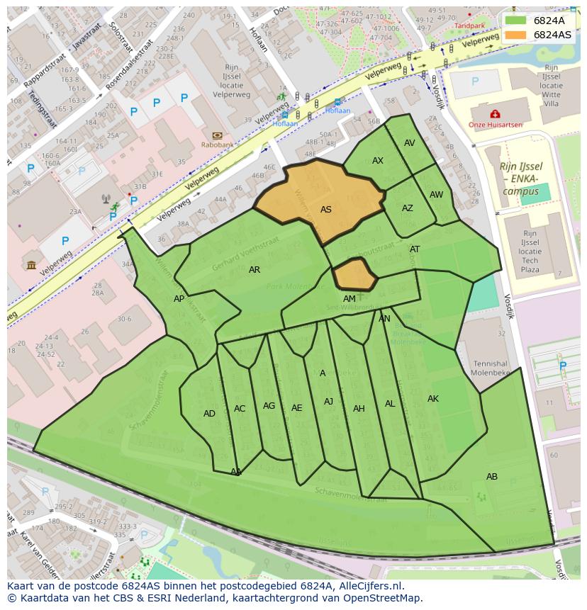 Afbeelding van het postcodegebied 6824 AS op de kaart.