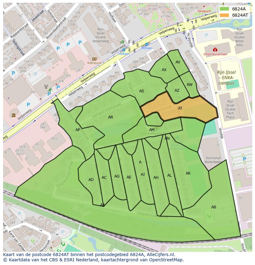 Afbeelding van het postcodegebied 6824 AT op de kaart.