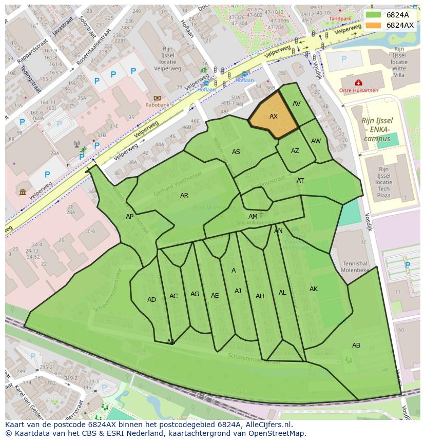 Afbeelding van het postcodegebied 6824 AX op de kaart.