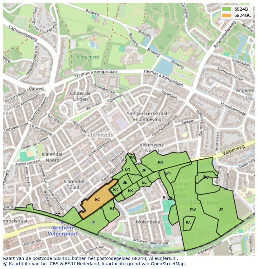 Afbeelding van het postcodegebied 6824 BC op de kaart.
