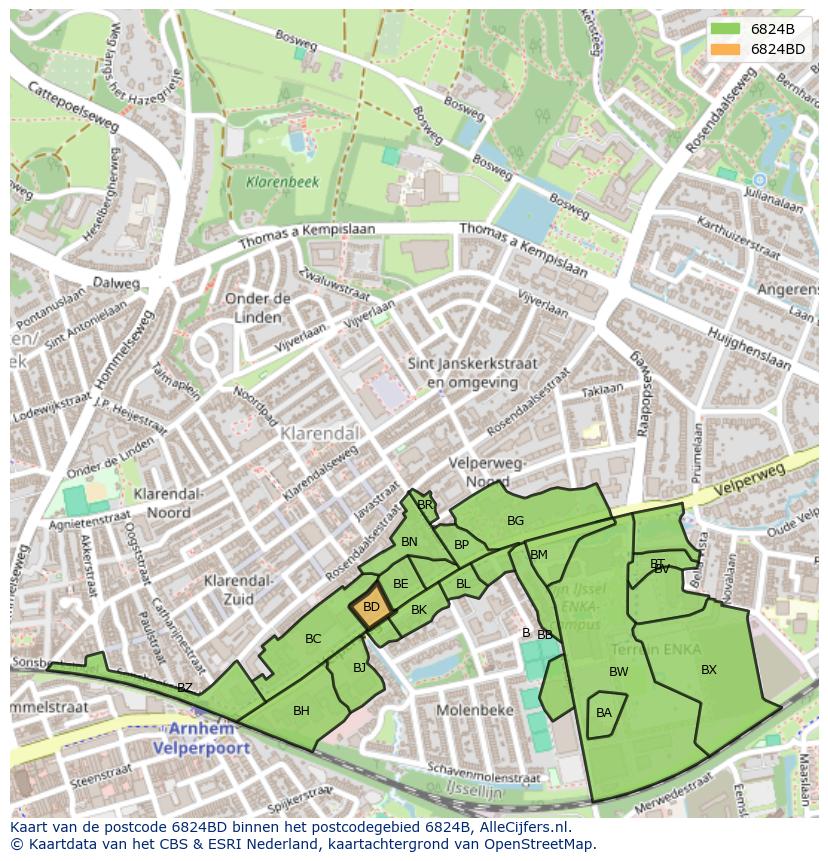 Afbeelding van het postcodegebied 6824 BD op de kaart.