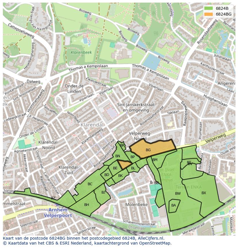 Afbeelding van het postcodegebied 6824 BG op de kaart.