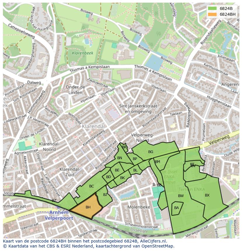 Afbeelding van het postcodegebied 6824 BH op de kaart.