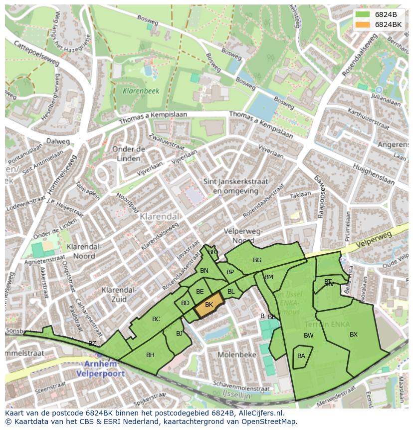 Afbeelding van het postcodegebied 6824 BK op de kaart.