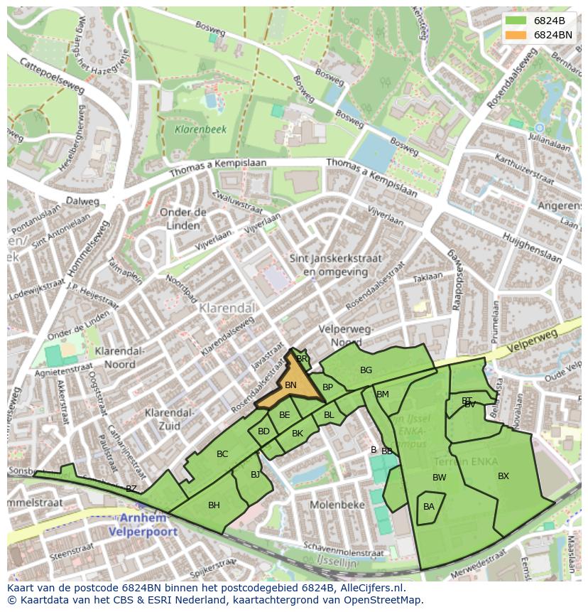 Afbeelding van het postcodegebied 6824 BN op de kaart.