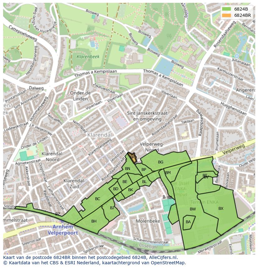 Afbeelding van het postcodegebied 6824 BR op de kaart.