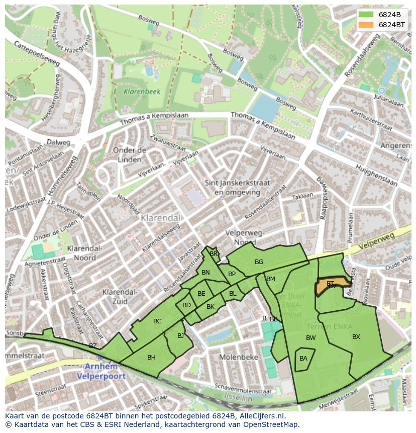 Afbeelding van het postcodegebied 6824 BT op de kaart.