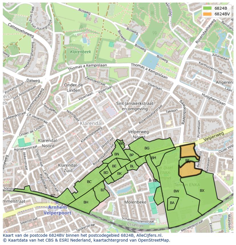 Afbeelding van het postcodegebied 6824 BV op de kaart.