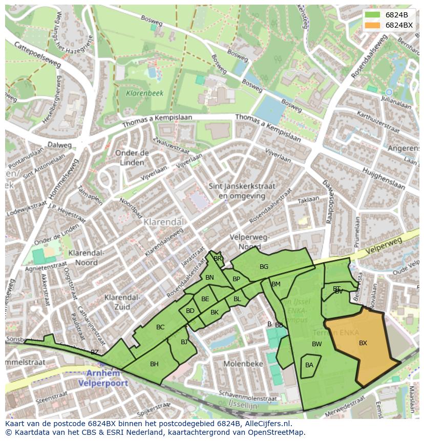 Afbeelding van het postcodegebied 6824 BX op de kaart.