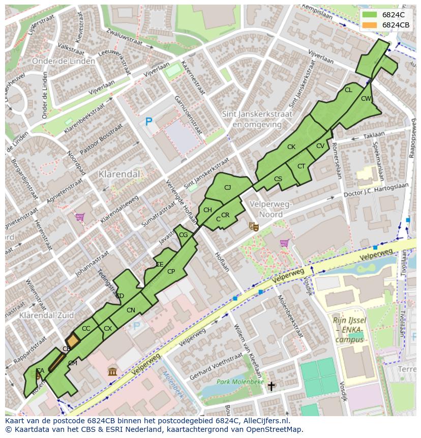 Afbeelding van het postcodegebied 6824 CB op de kaart.