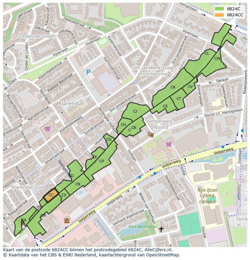 Afbeelding van het postcodegebied 6824 CC op de kaart.