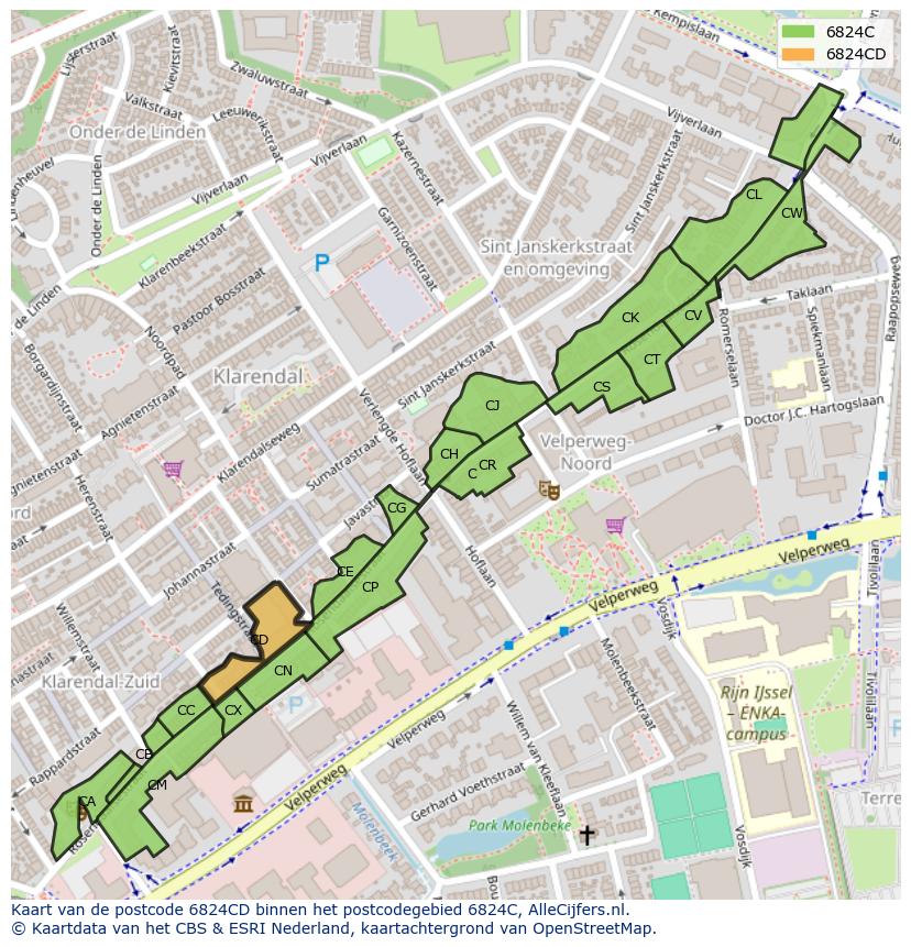 Afbeelding van het postcodegebied 6824 CD op de kaart.