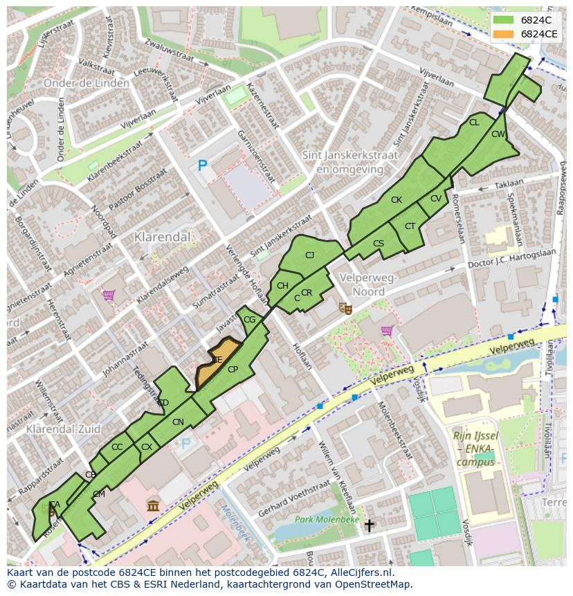 Afbeelding van het postcodegebied 6824 CE op de kaart.