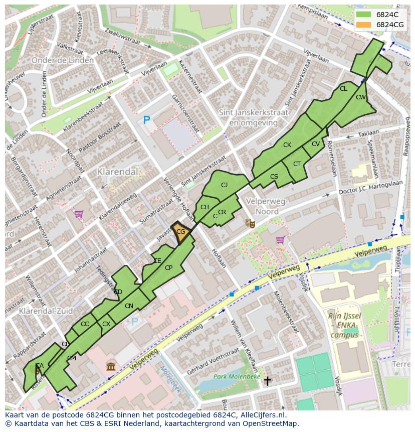 Afbeelding van het postcodegebied 6824 CG op de kaart.