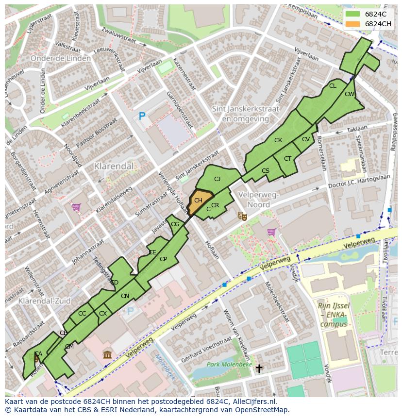 Afbeelding van het postcodegebied 6824 CH op de kaart.