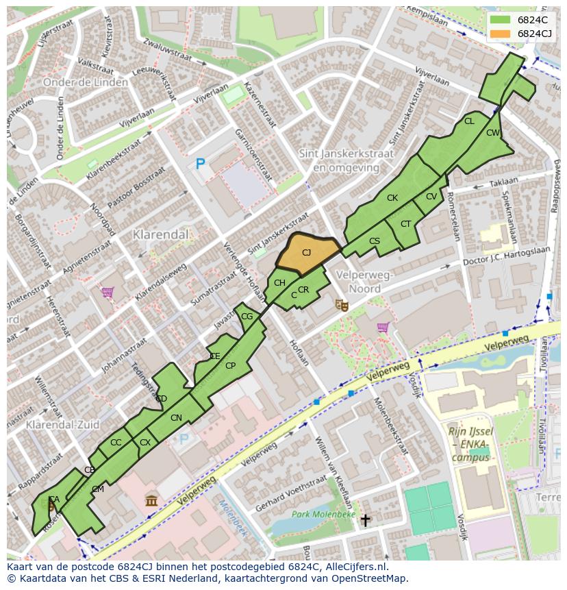 Afbeelding van het postcodegebied 6824 CJ op de kaart.