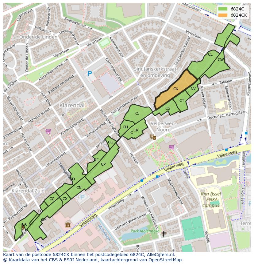 Afbeelding van het postcodegebied 6824 CK op de kaart.