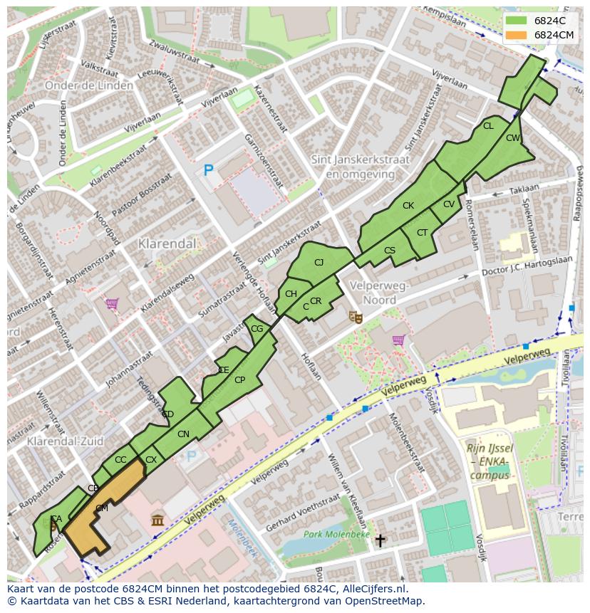 Afbeelding van het postcodegebied 6824 CM op de kaart.