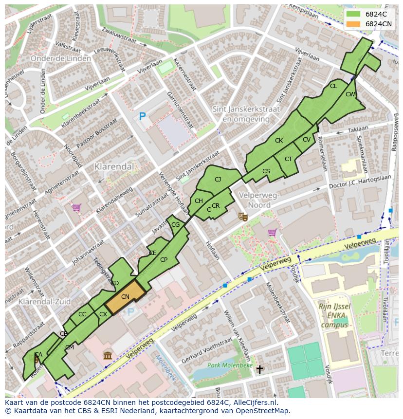 Afbeelding van het postcodegebied 6824 CN op de kaart.