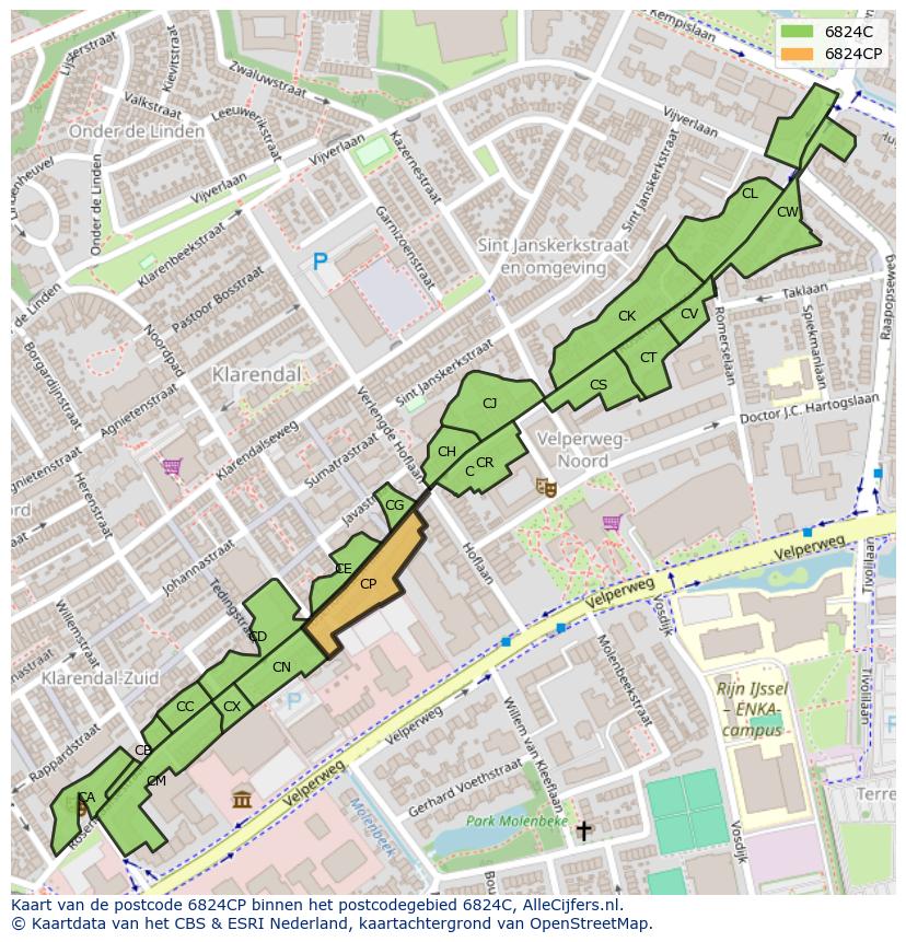 Afbeelding van het postcodegebied 6824 CP op de kaart.