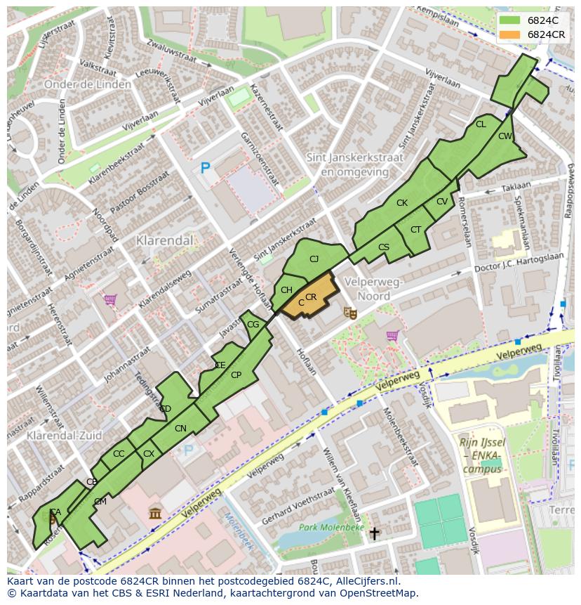 Afbeelding van het postcodegebied 6824 CR op de kaart.