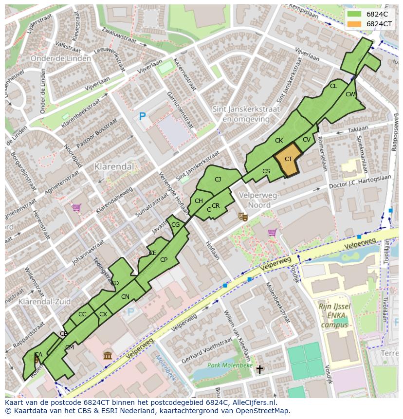 Afbeelding van het postcodegebied 6824 CT op de kaart.