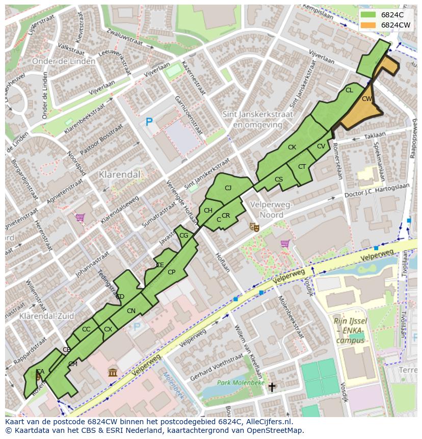 Afbeelding van het postcodegebied 6824 CW op de kaart.